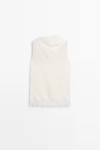 Asymmetric roll neck top with lace detail