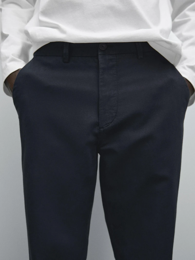 Cotton and linen blend tapered fit trousers