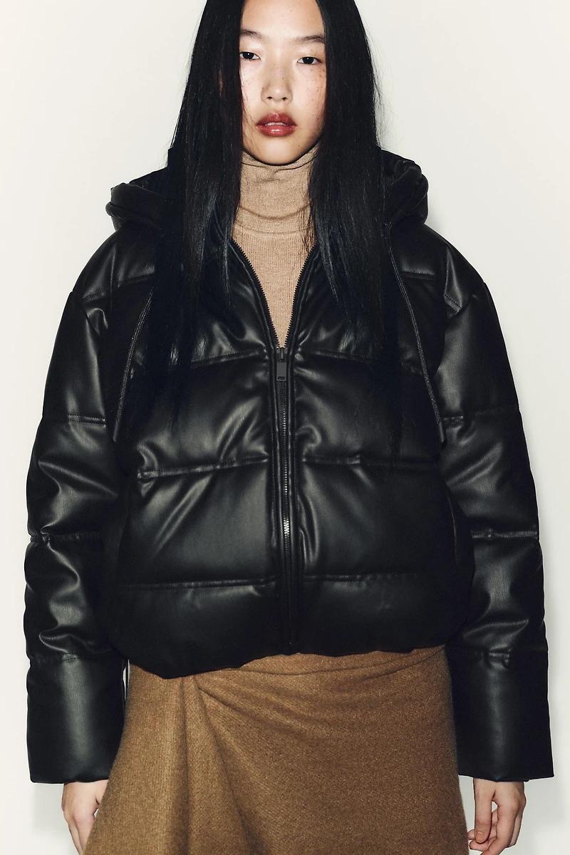 WATER REPELLENT WINDPROOF FAUX LEATHER PUFFER ANORAK