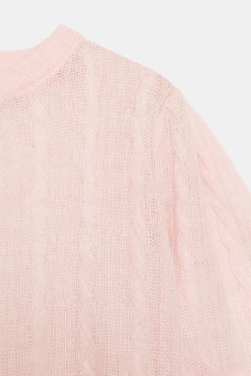 WOOL BLEND CABLE-KNIT SHORT SLEEVE SWEATER