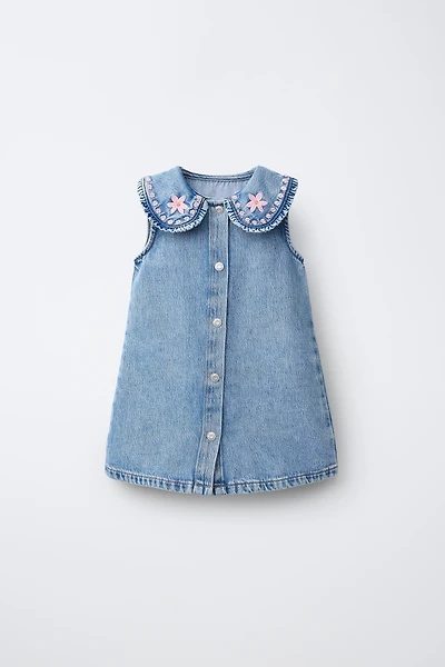 EMBROIDERED COLLAR DENIM DRESS