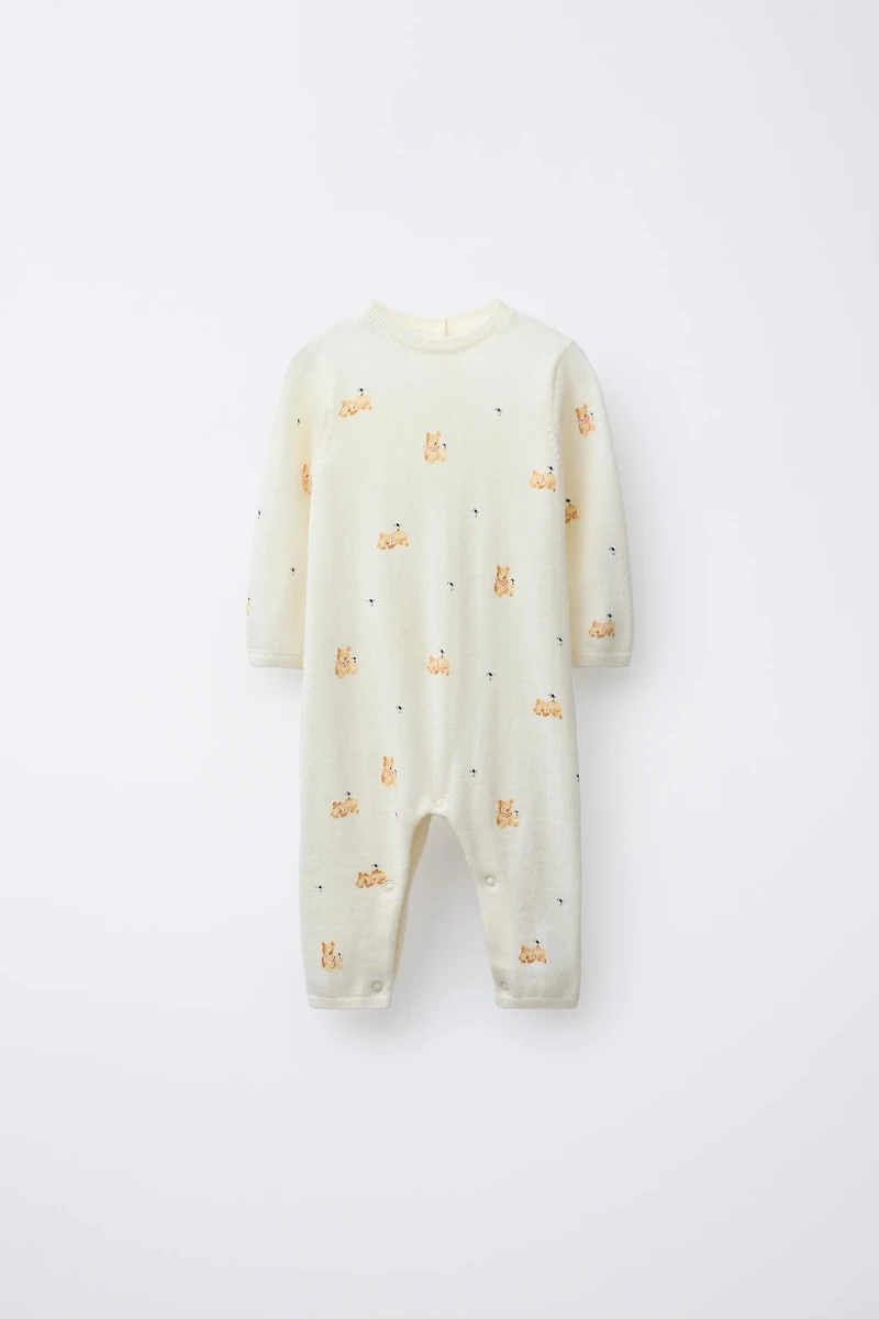 TEDDY BEAR PRINT 100% MERINO WOOL LONG JUMPSUIT