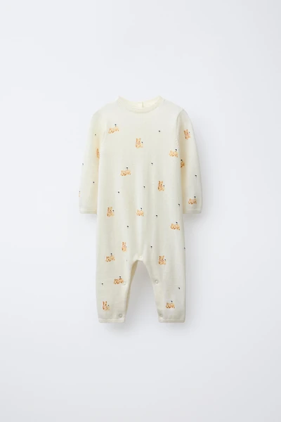 TEDDY BEAR PRINT 100% MERINO WOOL LONG JUMPSUIT