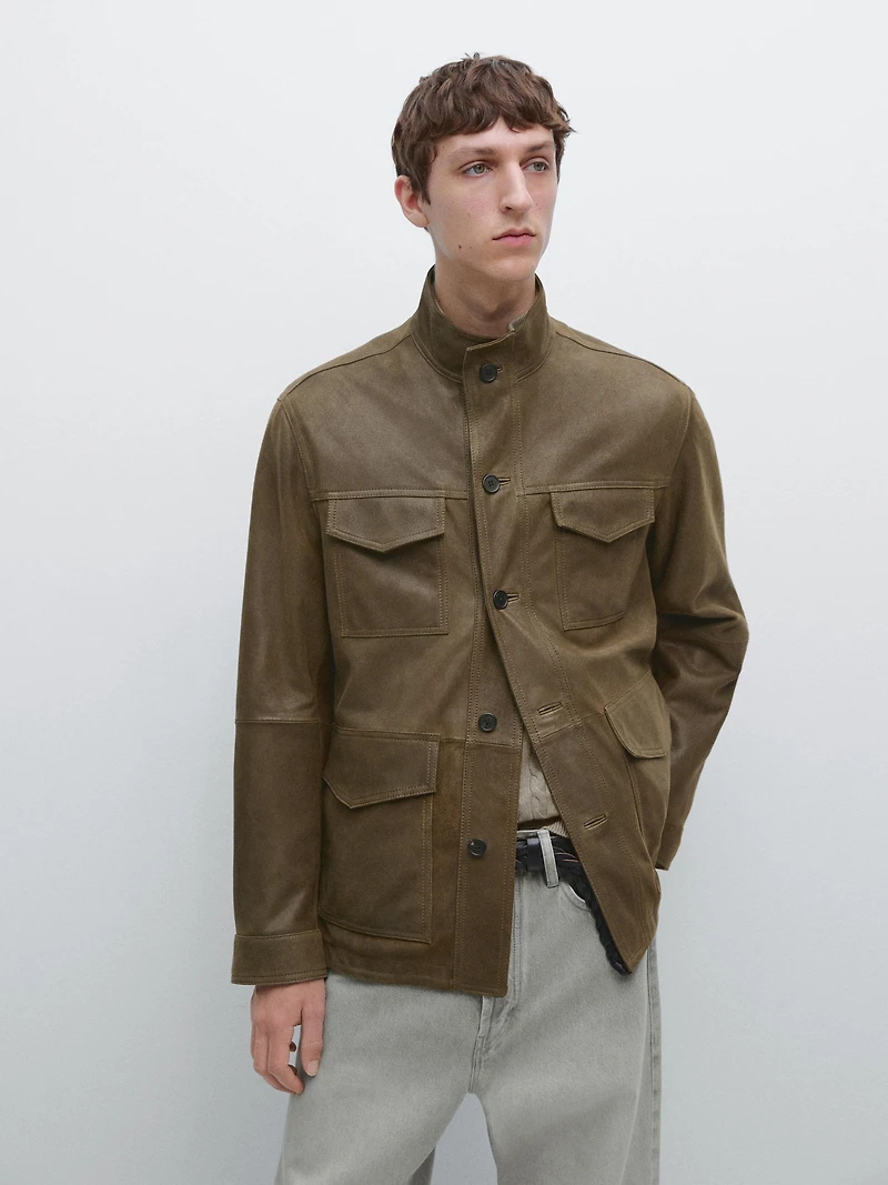 Distressed-effect goatskin leather jacket