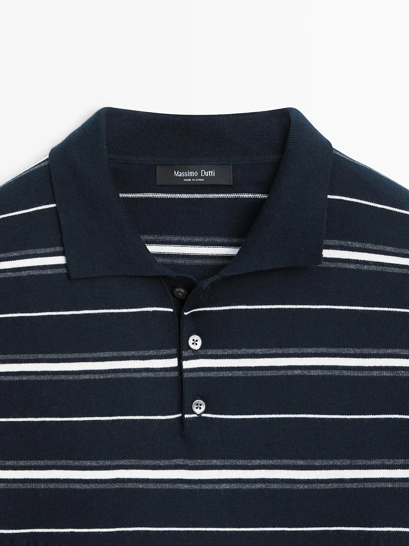 Cotton blend striped knit polo sweater