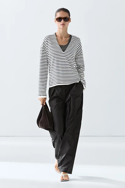 Striped V-neck knit sweater