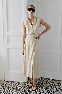 LINEN BLEND WRAP MIDI SKIRT
