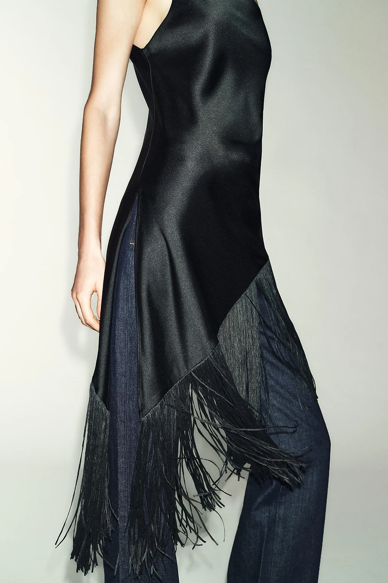 FLOWY SATIN EFFECT FRINGED TOP