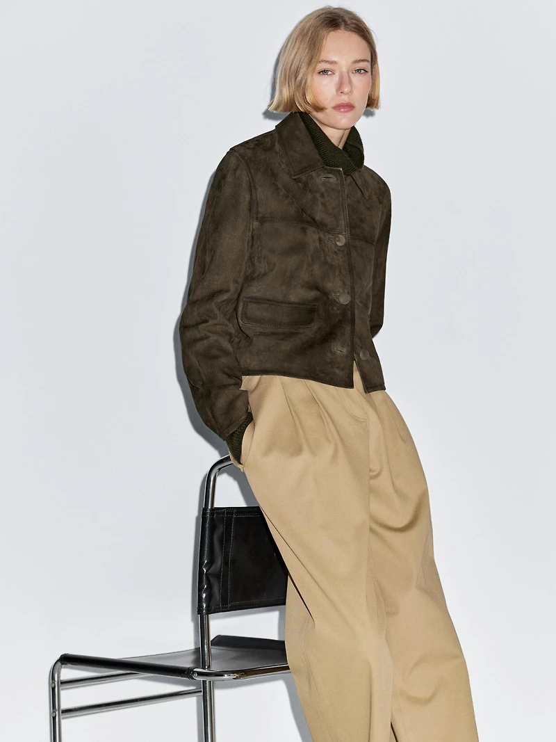 Suede leather jacket with lined buttons