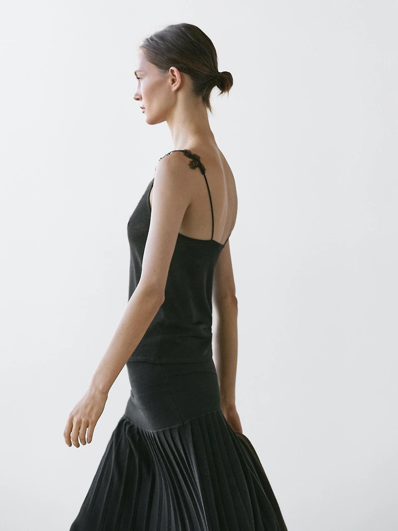 Strappy knit top with lace trim detail