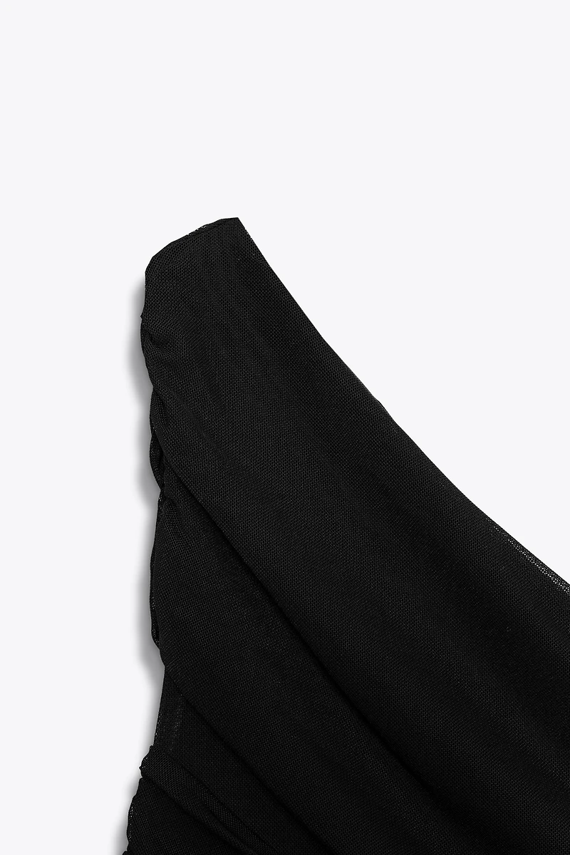 ASYMMETRIC DRAPED TULLE BODYSUIT