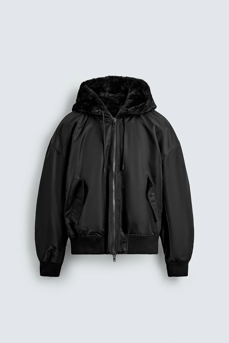 REVERSIBLE FAUX FUR BOMBER JACKET