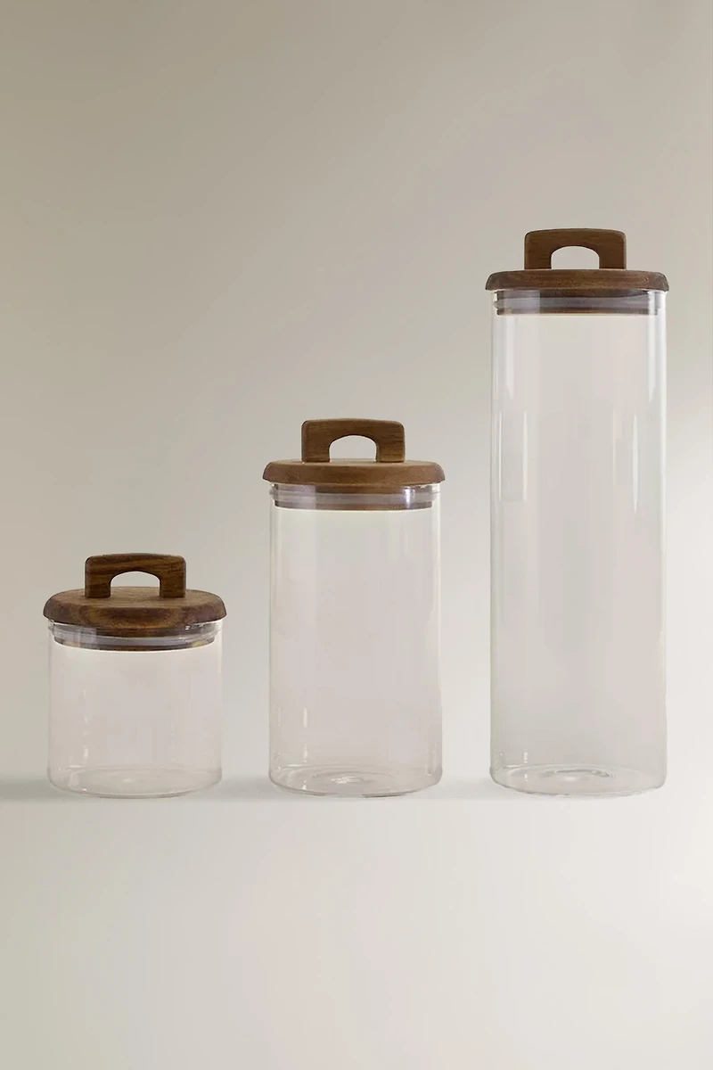 BOROSILICATE GLASS AND WOOD STORAGE JAR