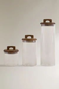 BOROSILICATE GLASS AND WOOD STORAGE JAR