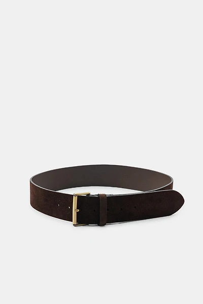 100% SUEDE LEATHER BELT WITH RECTANGULAR BUCKLE