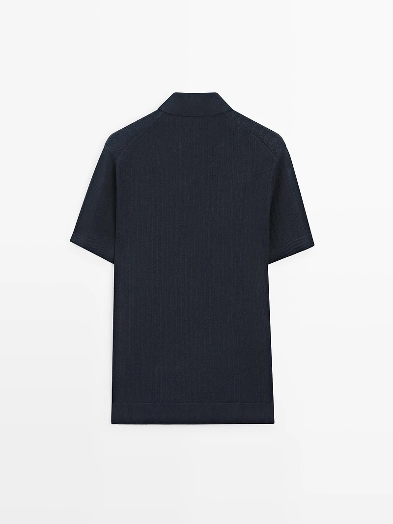 Cotton blend knit V-neck polo sweater