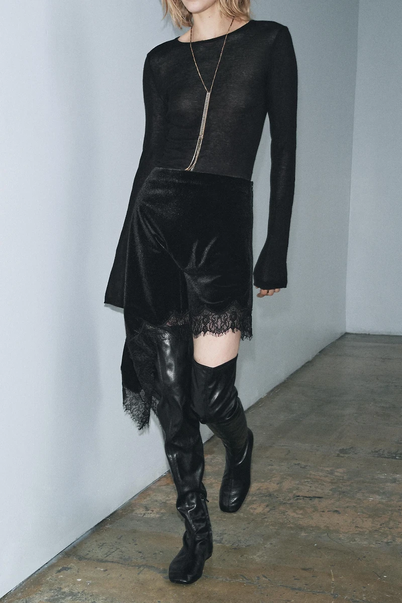 JUPE ASYMÉTRIQUE VELOURS DENTELLE ZW COLLECTION