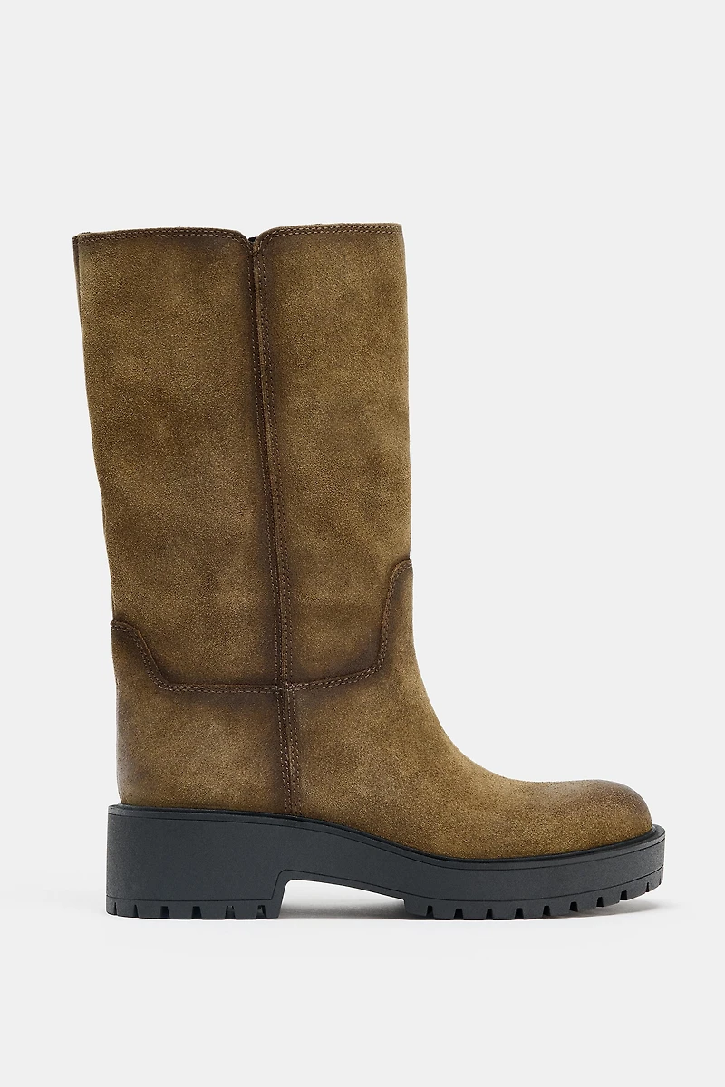 DISTRESSED EFFECT SPLIT LEATHER ANKLE BOOTS