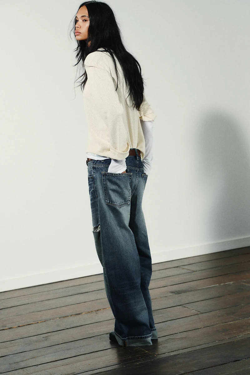 TRF MID-RISE RIPPED BAGGY FOLDED JEANS