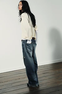 TRF MID-RISE RIPPED BAGGY FOLDED JEANS