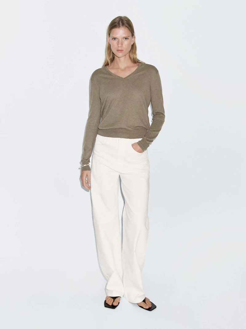 Wool blend V-neck knit sweater