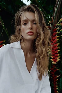 LINEN BLEND POLO COLLAR BLOUSE