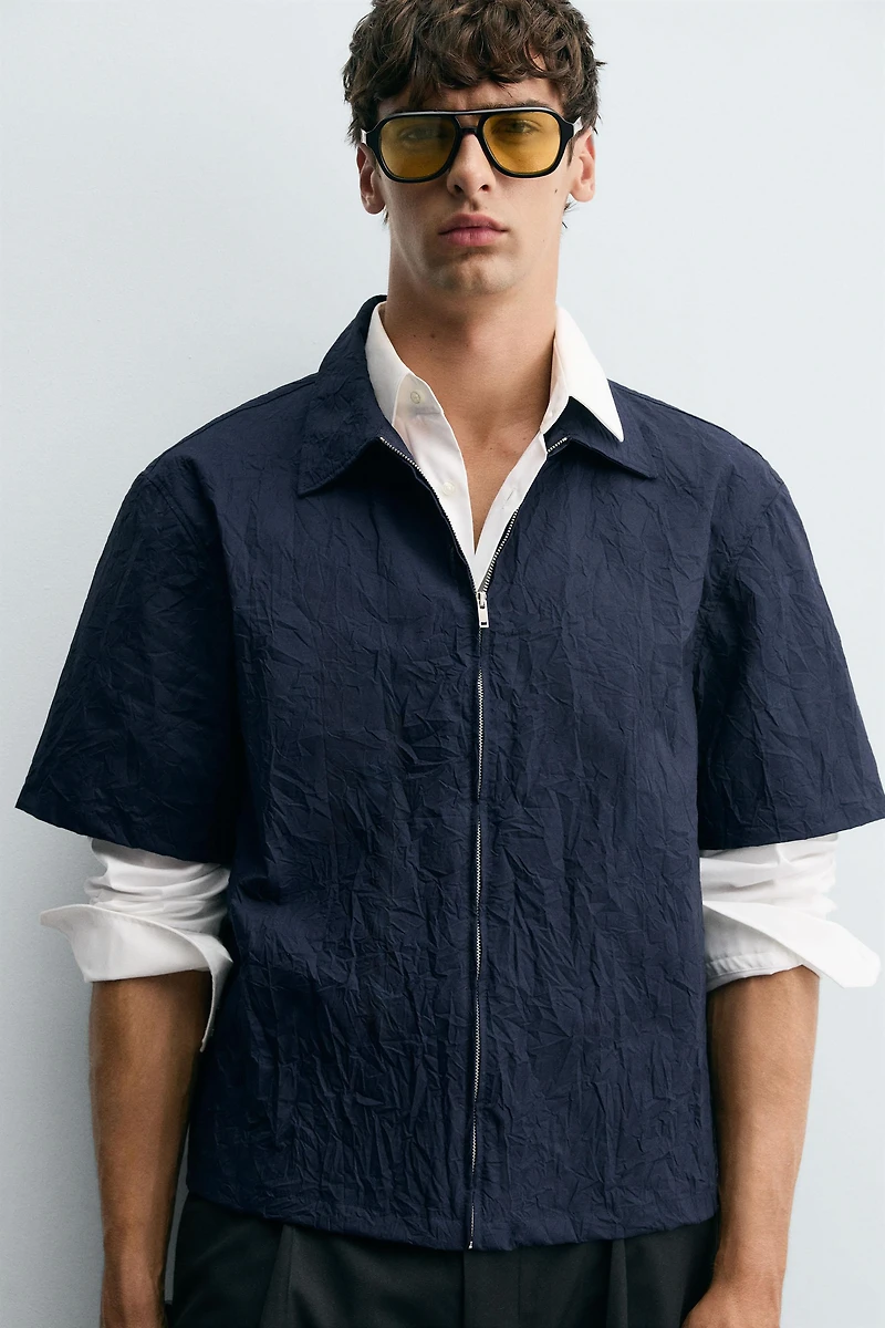 WRINKLED EFFECT ZIP-UP SHIRT