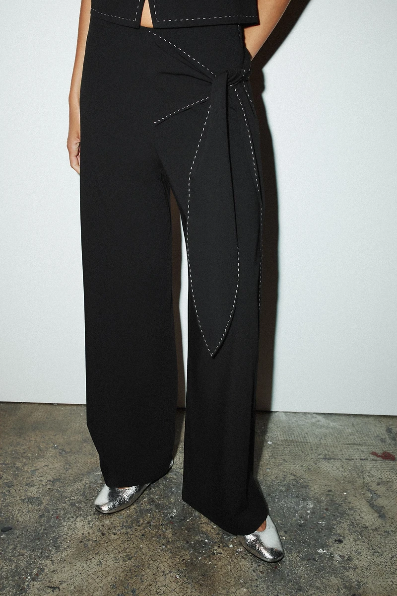 TOPSTITCHED TIE PANTS