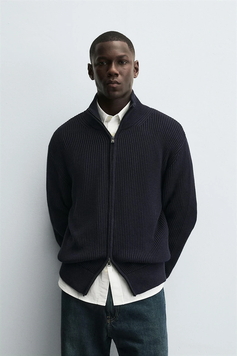 PURL KNIT ZIP-UP CARDIGAN