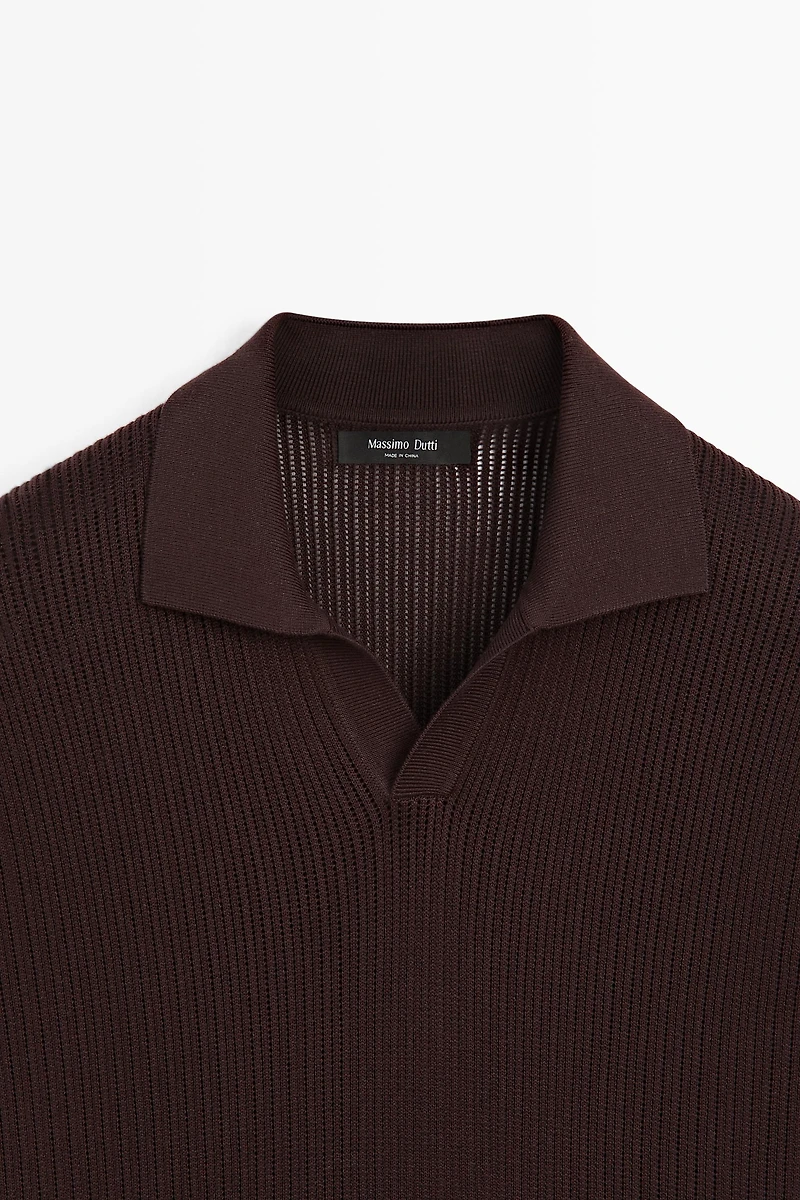 Cotton-blend V-neck knit polo shirt