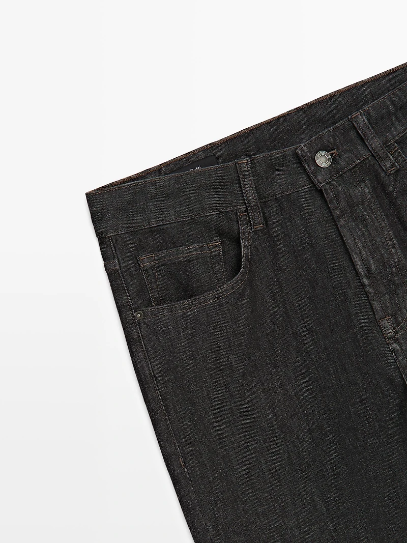 Lightweight tapered fit denim-effect trousers