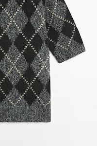 Cashmere-blend short sleeve argyle knit sweater