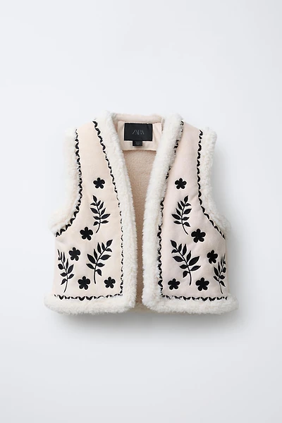 EMBROIDERED FAUX SUEDE SHEARLING VEST