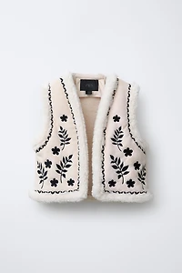 EMBROIDERED FAUX SUEDE SHEARLING VEST