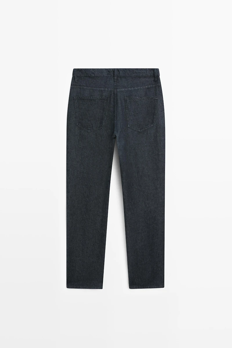 Straight-leg linen denim-effect pants