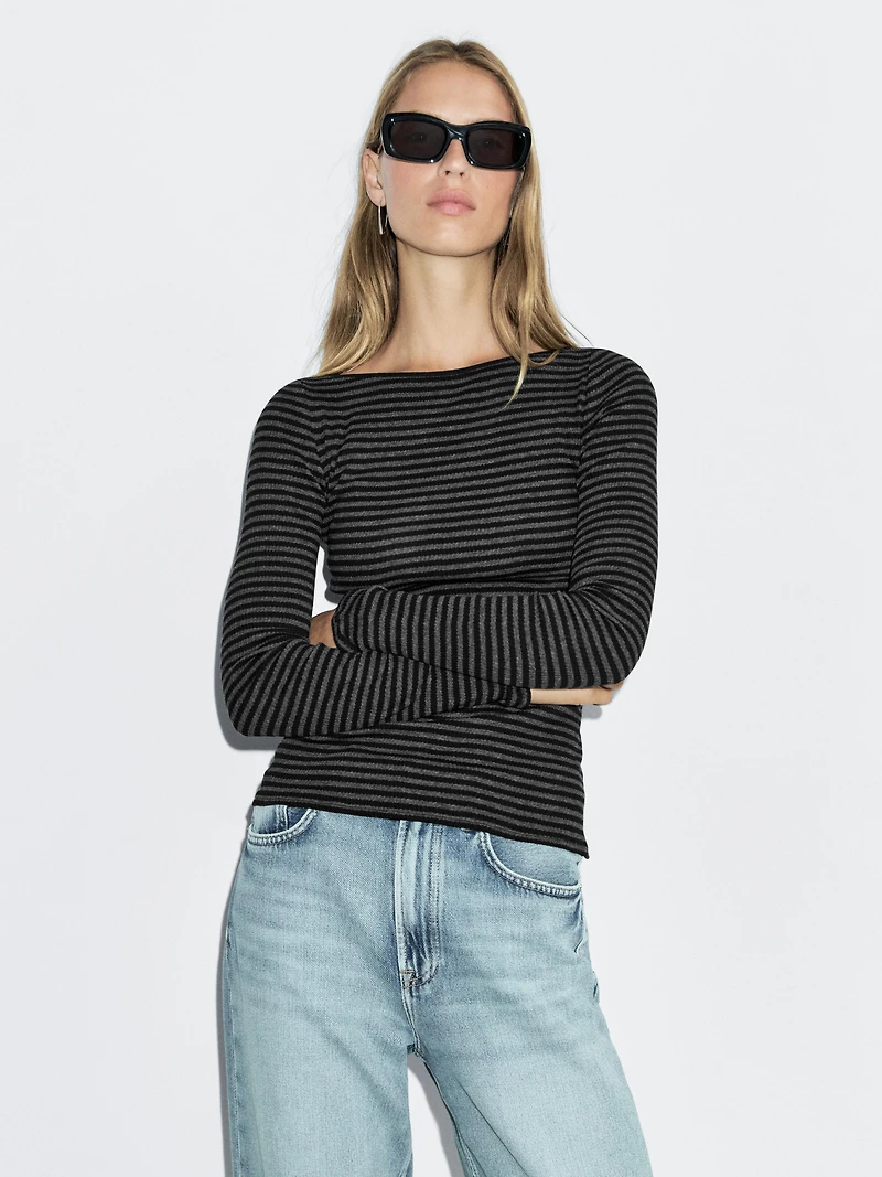 Striped long sleeve T-shirt with trim detail
