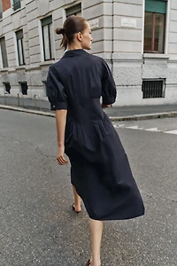 PUFF SLEEVE POPLIN MIDI DRESS