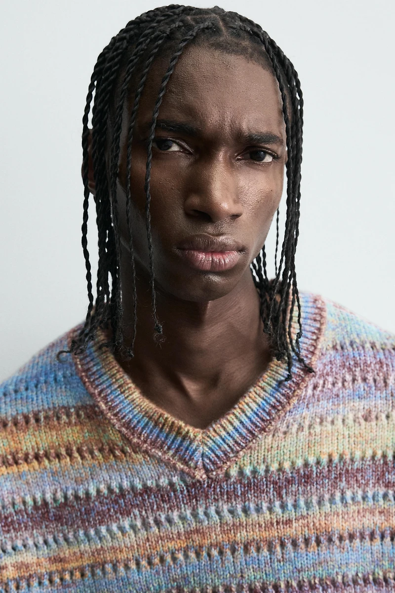 STRIPED OPEN-KNIT SWEATER