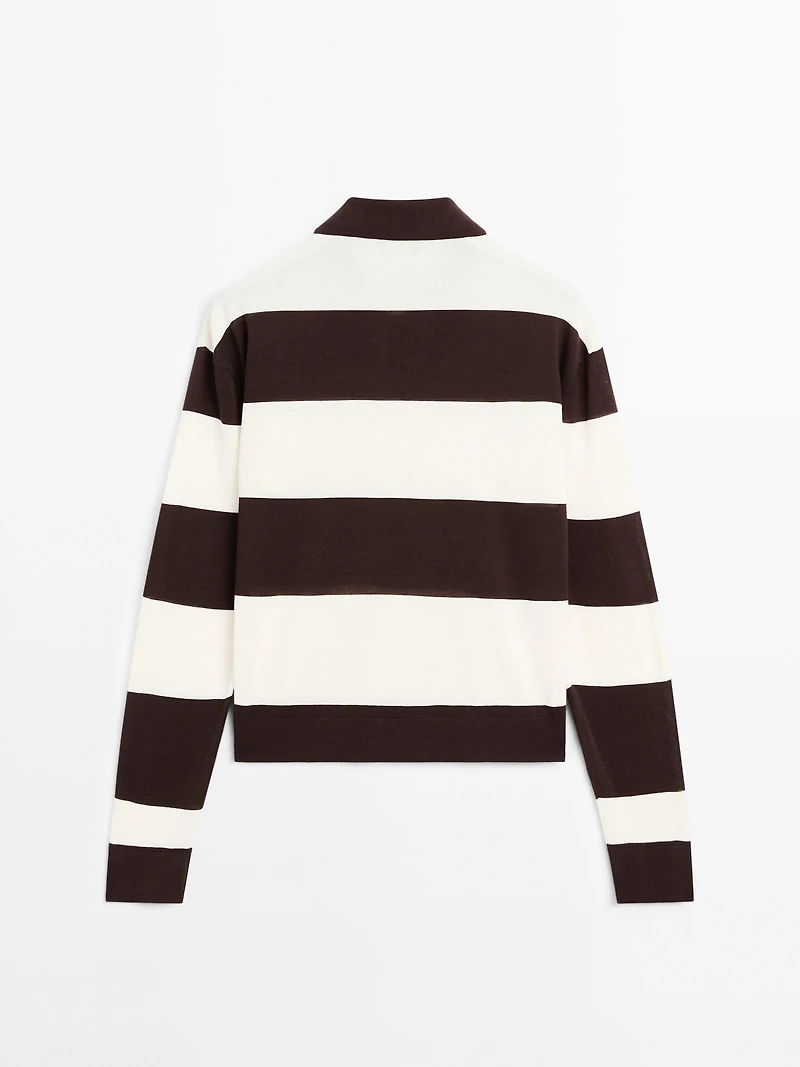 Striped knit sweater with polo collar