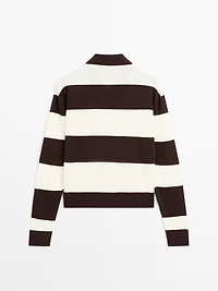 Striped knit sweater with polo collar