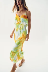 PRINTED RUFFLE MIDI DRESS