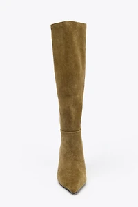 SPLIT LEATHER KITTEN HEEL BOOTS