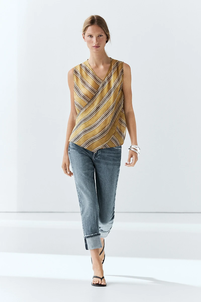 Flowing striped ramie blend wrap top