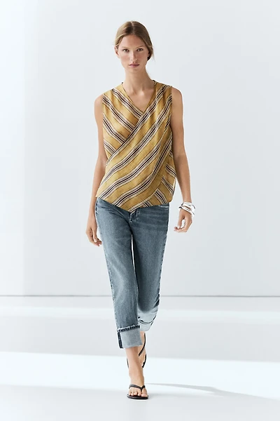 Flowing striped ramie blend wrap top