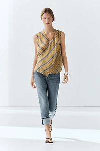 Flowing striped ramie blend wrap top