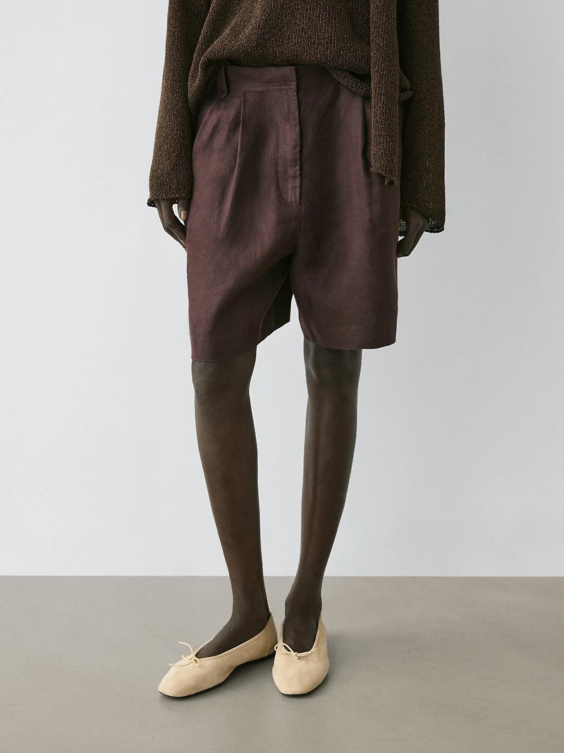 100% linen short pleated Bermuda shorts