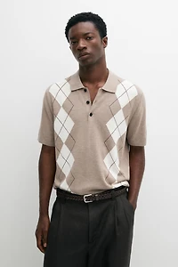 Cotton blend diamond pattern short sleeve polo shirt