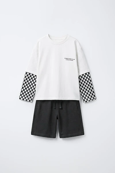 DOUBLE SLEEVE T-SHIRT AND CHECKERBOARD BERMUDA SET