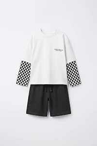 DOUBLE SLEEVE T-SHIRT AND CHECKERBOARD BERMUDA SET