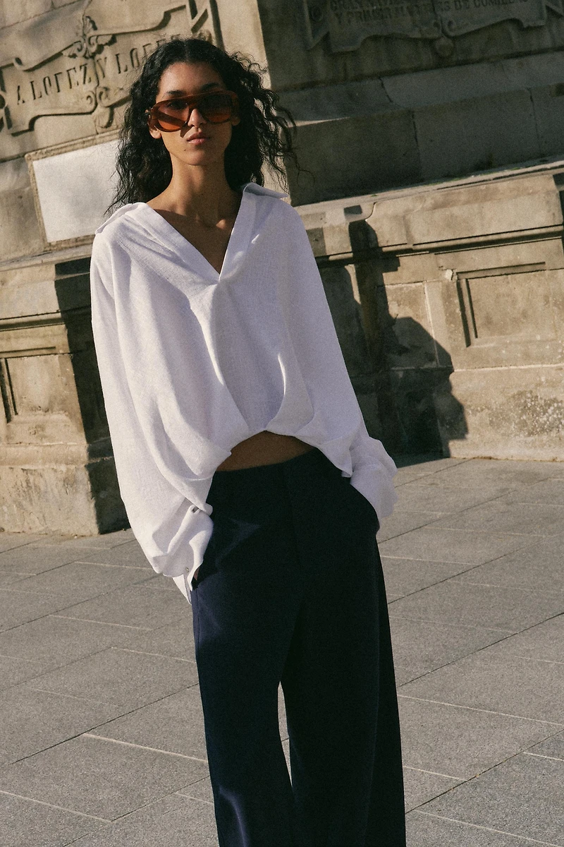 LINEN BLEND SHIRT WITH PUFFED HEM